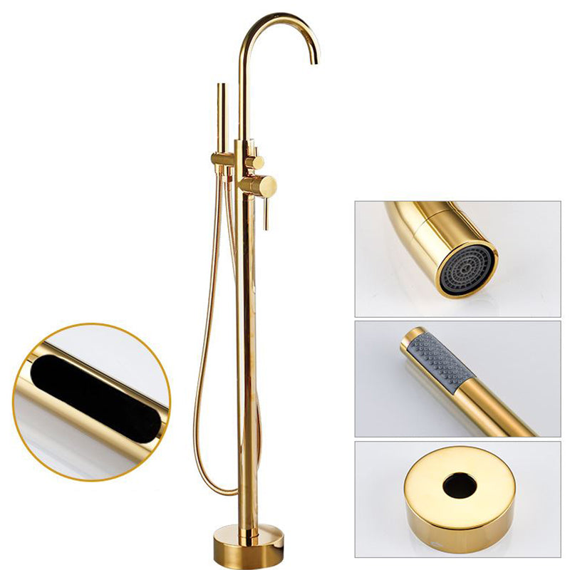 Tub Filler Lever Handle Freestanding Brass High Arc Handshower Traditional Tub Filler Gold 1 Handle Faucets Hand Shower Included Clearhalo 'Bathroom Remodel & Bathroom Fixtures' 'Bathtub Faucets' 'bathtub_faucets' 'Home Improvement' 'home_improvement' 'home_improvement_bathtub_faucets' 6818939