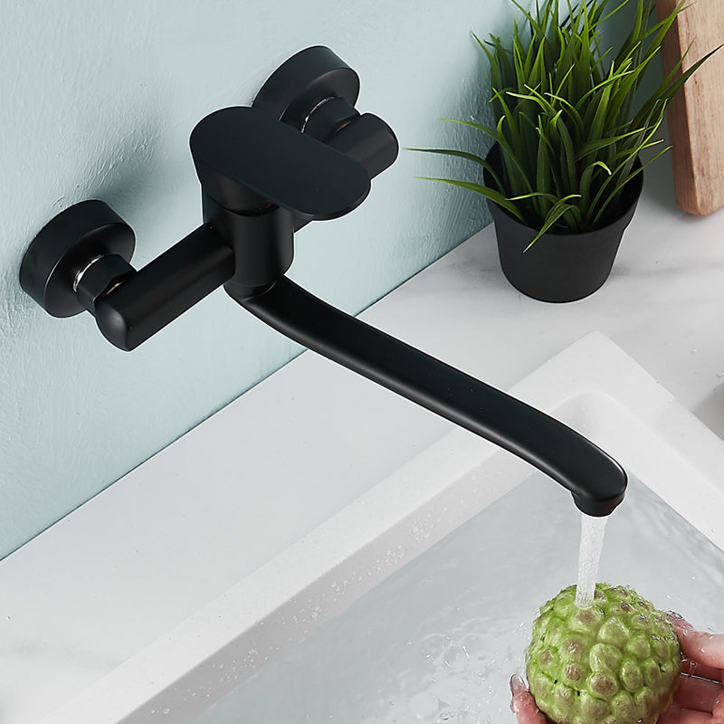 Low Arc Tub Filler Black Swivel Single Lever Handle Wall-Mounted Copper Tub Filler Clearhalo 'Bathroom Remodel & Bathroom Fixtures' 'Bathtub Faucets' 'bathtub_faucets' 'Home Improvement' 'home_improvement' 'home_improvement_bathtub_faucets' 6823309