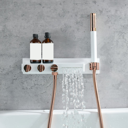 Wall Mount Tub Filler Modern Brass Triple Knob Handle Waterfall Tub Filler with Handshower Clearhalo 'Bathroom Remodel & Bathroom Fixtures' 'Bathtub Faucets' 'bathtub_faucets' 'Home Improvement' 'home_improvement' 'home_improvement_bathtub_faucets' 6835754