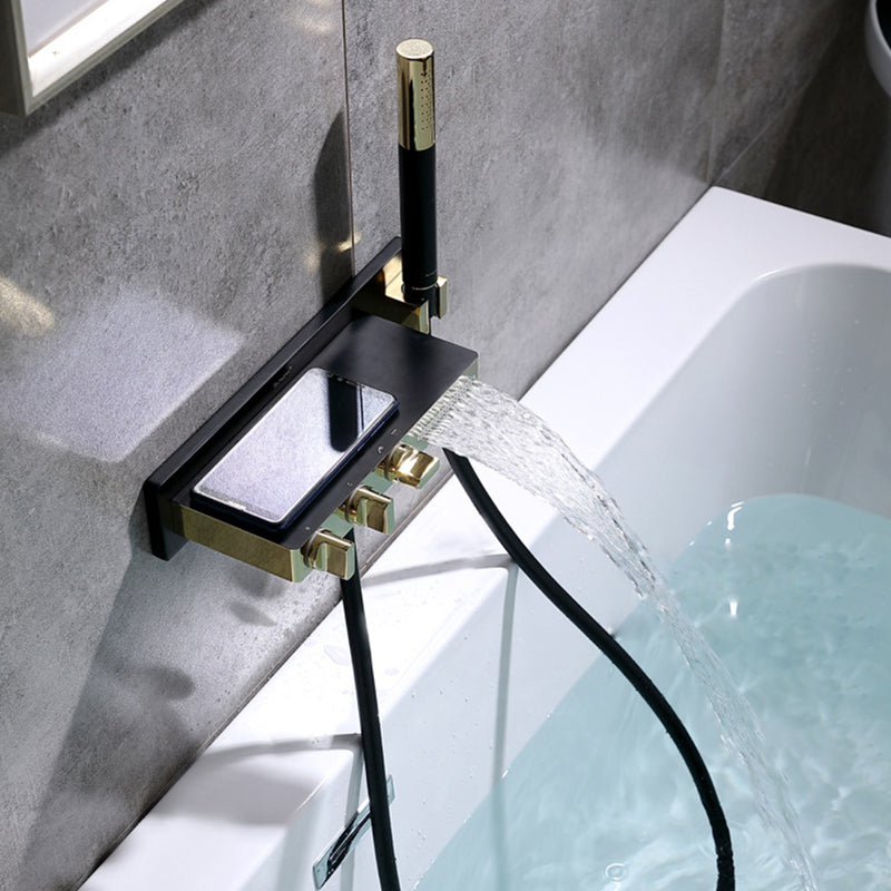 Wall Mount Tub Filler Modern Brass Triple Knob Handle Waterfall Tub Filler with Handshower Black Clearhalo 'Bathroom Remodel & Bathroom Fixtures' 'Bathtub Faucets' 'bathtub_faucets' 'Home Improvement' 'home_improvement' 'home_improvement_bathtub_faucets' 6835755