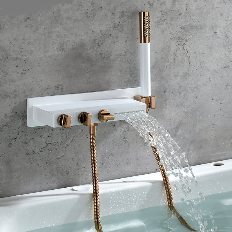 Wall Mount Tub Filler Modern Brass Triple Knob Handle Waterfall Tub Filler with Handshower White Clearhalo 'Bathroom Remodel & Bathroom Fixtures' 'Bathtub Faucets' 'bathtub_faucets' 'Home Improvement' 'home_improvement' 'home_improvement_bathtub_faucets' 6835756