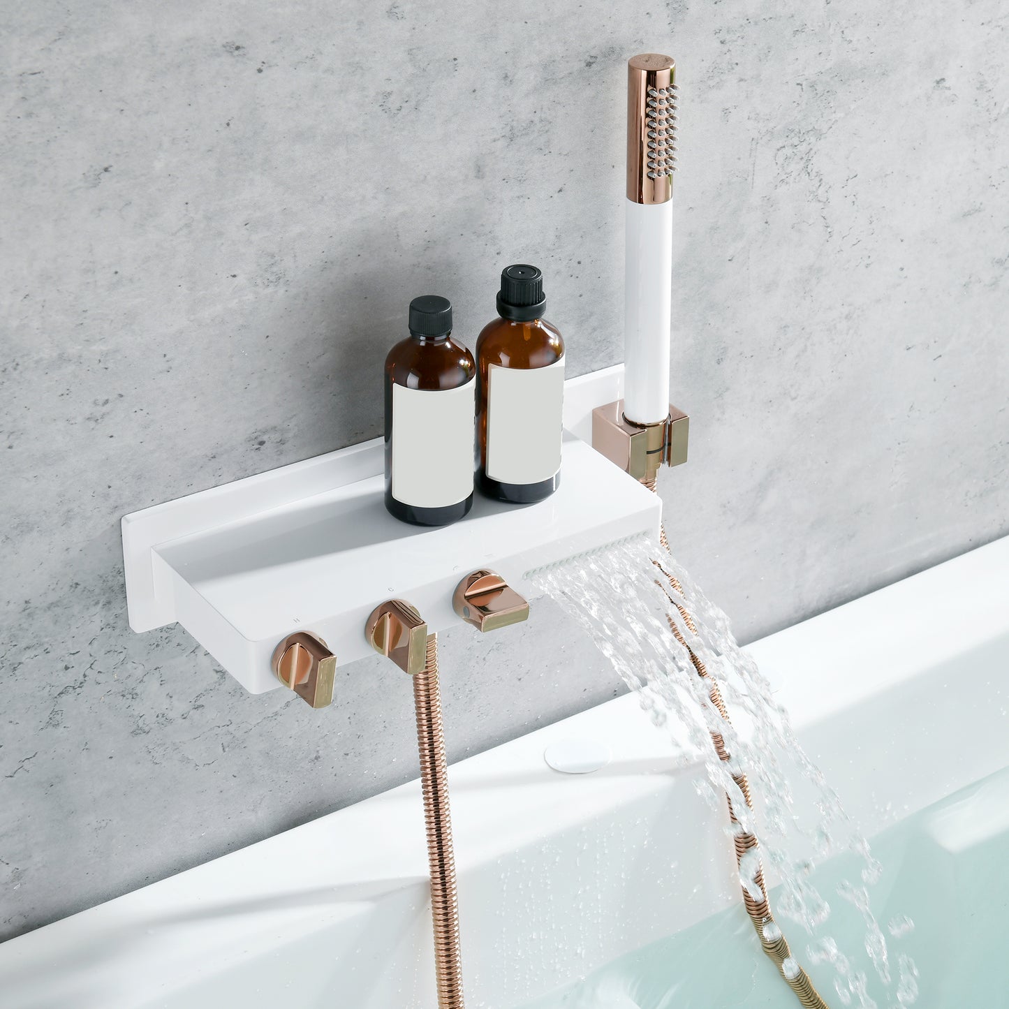 Wall Mount Tub Filler Modern Brass Triple Knob Handle Waterfall Tub Filler with Handshower Clearhalo 'Bathroom Remodel & Bathroom Fixtures' 'Bathtub Faucets' 'bathtub_faucets' 'Home Improvement' 'home_improvement' 'home_improvement_bathtub_faucets' 6835757