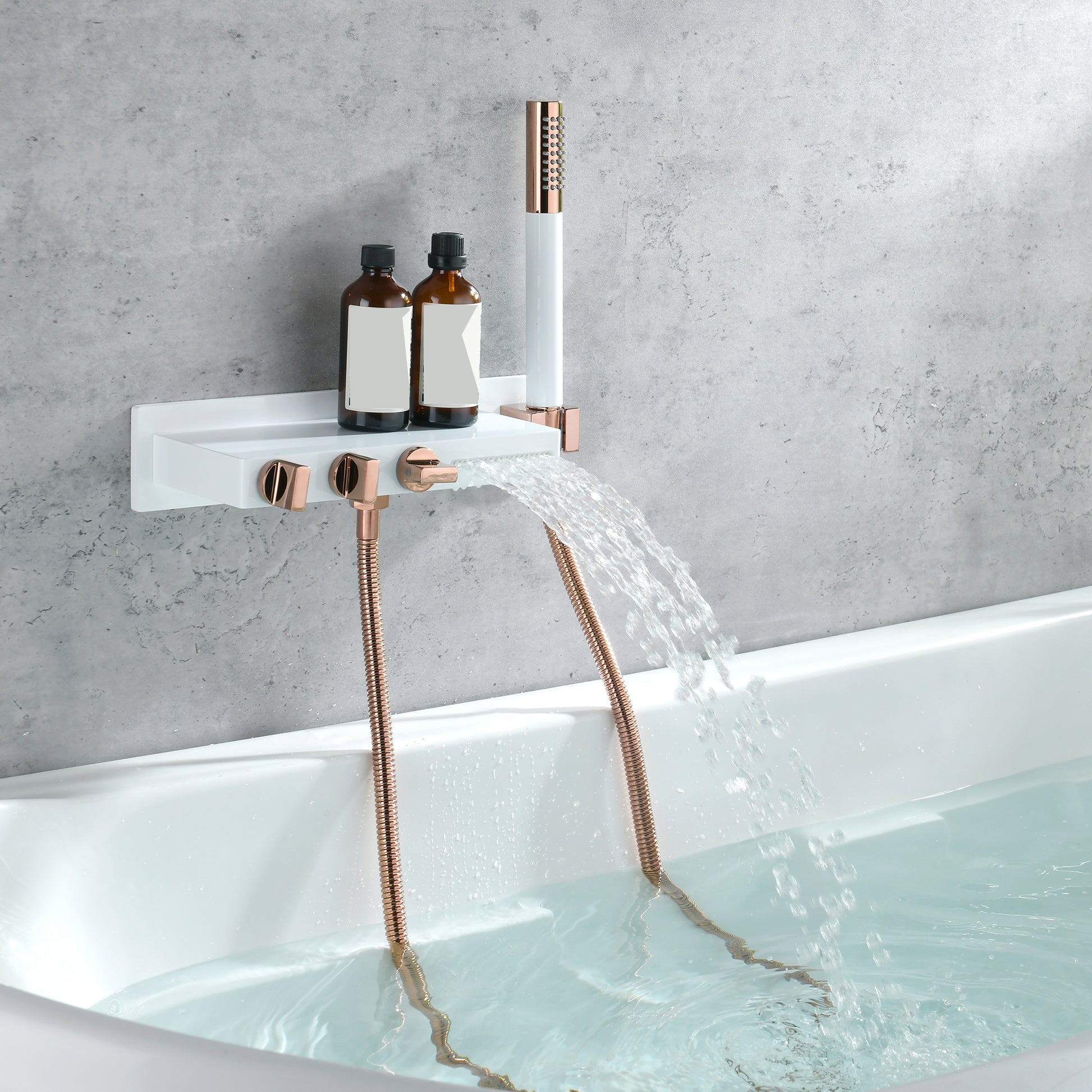Wall Mount Tub Filler Modern Brass Triple Knob Handle Waterfall Tub Filler with Handshower Clearhalo 'Bathroom Remodel & Bathroom Fixtures' 'Bathtub Faucets' 'bathtub_faucets' 'Home Improvement' 'home_improvement' 'home_improvement_bathtub_faucets' 6835758