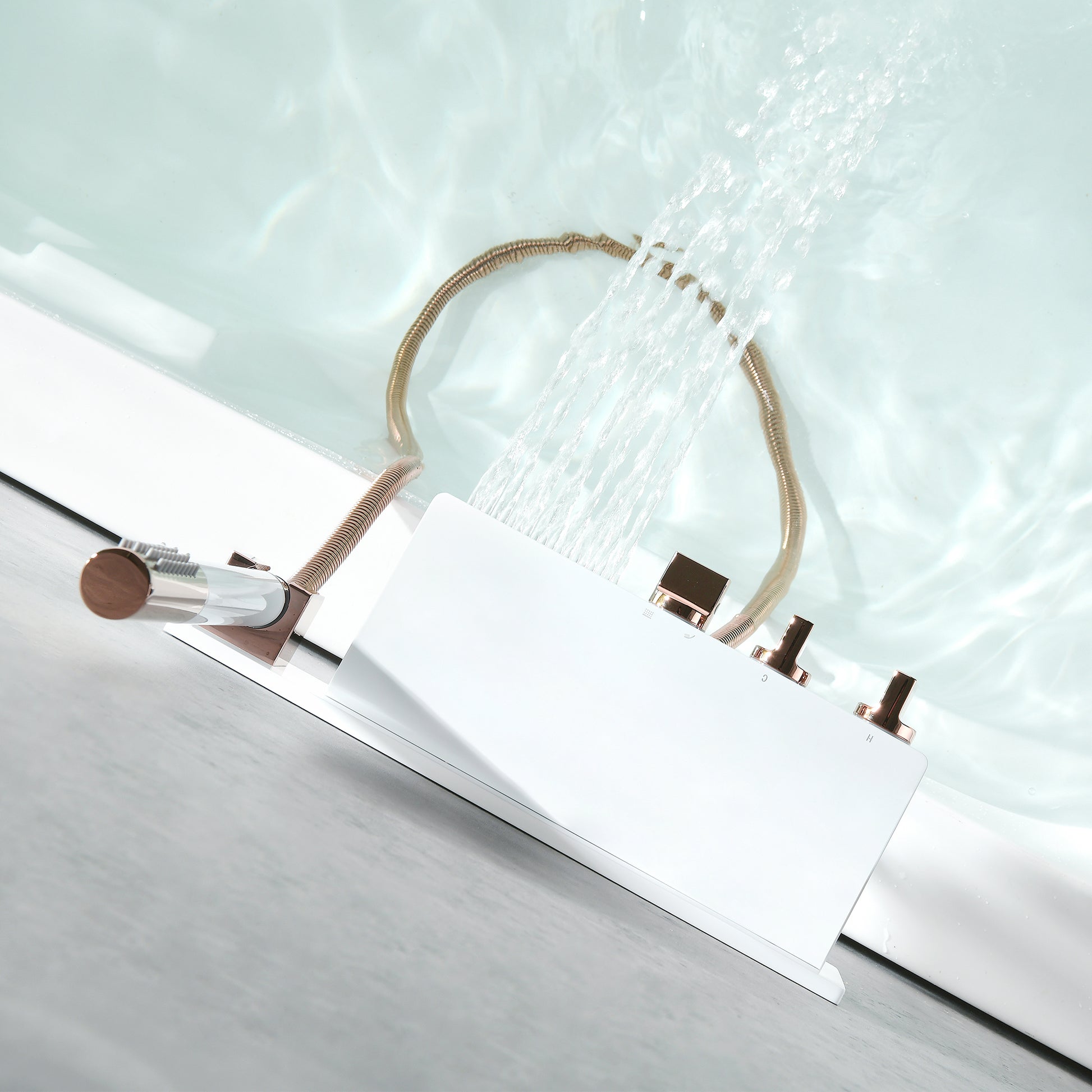 Wall Mount Tub Filler Modern Brass Triple Knob Handle Waterfall Tub Filler with Handshower Clearhalo 'Bathroom Remodel & Bathroom Fixtures' 'Bathtub Faucets' 'bathtub_faucets' 'Home Improvement' 'home_improvement' 'home_improvement_bathtub_faucets' 6835759