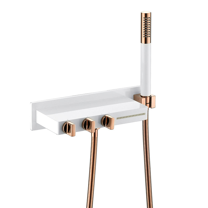 Wall Mount Tub Filler Modern Brass Triple Knob Handle Waterfall Tub Filler with Handshower Clearhalo 'Bathroom Remodel & Bathroom Fixtures' 'Bathtub Faucets' 'bathtub_faucets' 'Home Improvement' 'home_improvement' 'home_improvement_bathtub_faucets' 6835760