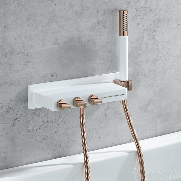 Wall Mount Tub Filler Modern Brass Triple Knob Handle Waterfall Tub Filler with Handshower Clearhalo 'Bathroom Remodel & Bathroom Fixtures' 'Bathtub Faucets' 'bathtub_faucets' 'Home Improvement' 'home_improvement' 'home_improvement_bathtub_faucets' 6835765
