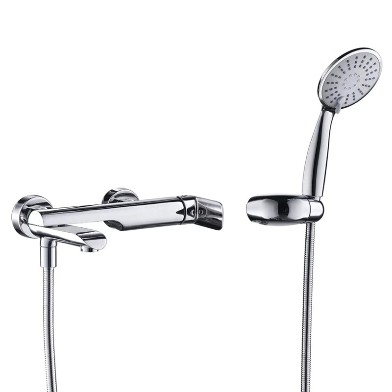 Swivel Tub Filler Wall Mount Single Lever Handle Brass Tub Filler with Hand Shower Chrome Hand Shower Included Risers Not Included Clearhalo 'Bathroom Remodel & Bathroom Fixtures' 'Bathtub Faucets' 'bathtub_faucets' 'Home Improvement' 'home_improvement' 'home_improvement_bathtub_faucets' 6835779
