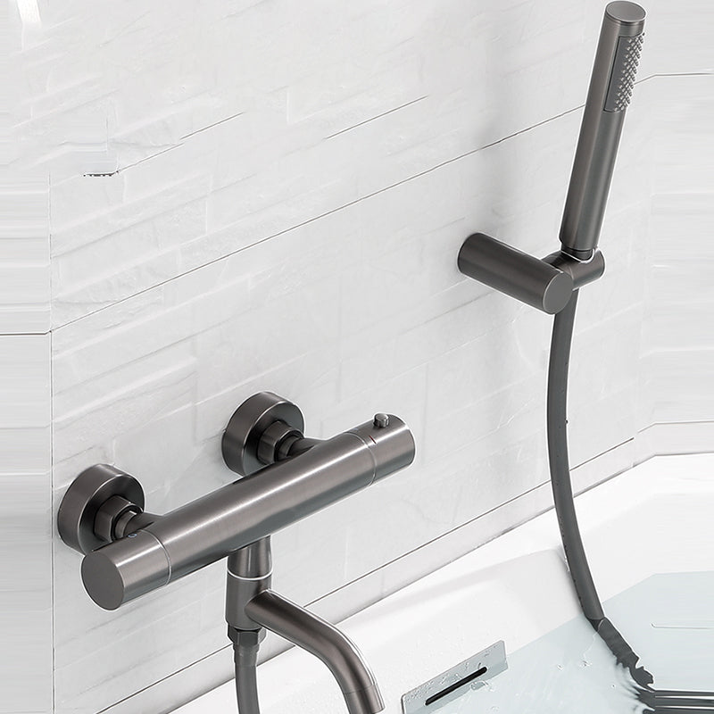 Handshower Tub Filler Black Brass Double Knob Handle Swivel Wall Mount Tub Filler Clearhalo 'Bathroom Remodel & Bathroom Fixtures' 'Bathtub Faucets' 'bathtub_faucets' 'Home Improvement' 'home_improvement' 'home_improvement_bathtub_faucets' 6835807