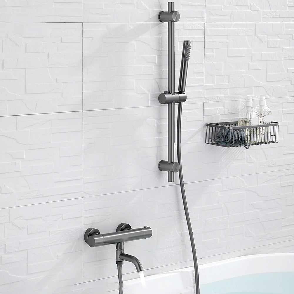 Handshower Tub Filler Black Brass Double Knob Handle Swivel Wall Mount Tub Filler Straight Hand Shower Included Risers Included Clearhalo 'Bathroom Remodel & Bathroom Fixtures' 'Bathtub Faucets' 'bathtub_faucets' 'Home Improvement' 'home_improvement' 'home_improvement_bathtub_faucets' 6835808