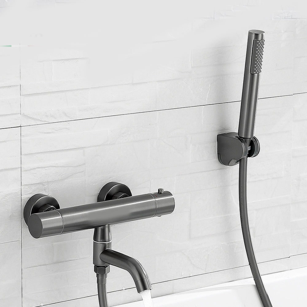 Handshower Tub Filler Black Brass Double Knob Handle Swivel Wall Mount Tub Filler Straight Hand Shower Included Risers Not Included Clearhalo 'Bathroom Remodel & Bathroom Fixtures' 'Bathtub Faucets' 'bathtub_faucets' 'Home Improvement' 'home_improvement' 'home_improvement_bathtub_faucets' 6835809
