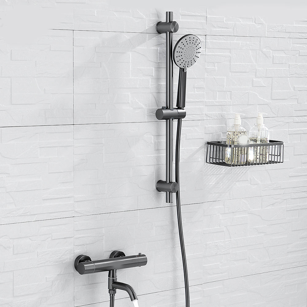 Handshower Tub Filler Black Brass Double Knob Handle Swivel Wall Mount Tub Filler Round Hand Shower Included Risers Included Clearhalo 'Bathroom Remodel & Bathroom Fixtures' 'Bathtub Faucets' 'bathtub_faucets' 'Home Improvement' 'home_improvement' 'home_improvement_bathtub_faucets' 6835811