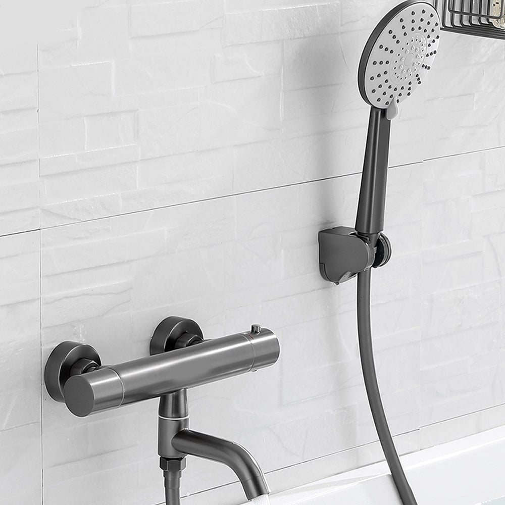 Handshower Tub Filler Black Brass Double Knob Handle Swivel Wall Mount Tub Filler Round Hand Shower Included Risers Not Included Clearhalo 'Bathroom Remodel & Bathroom Fixtures' 'Bathtub Faucets' 'bathtub_faucets' 'Home Improvement' 'home_improvement' 'home_improvement_bathtub_faucets' 6835813