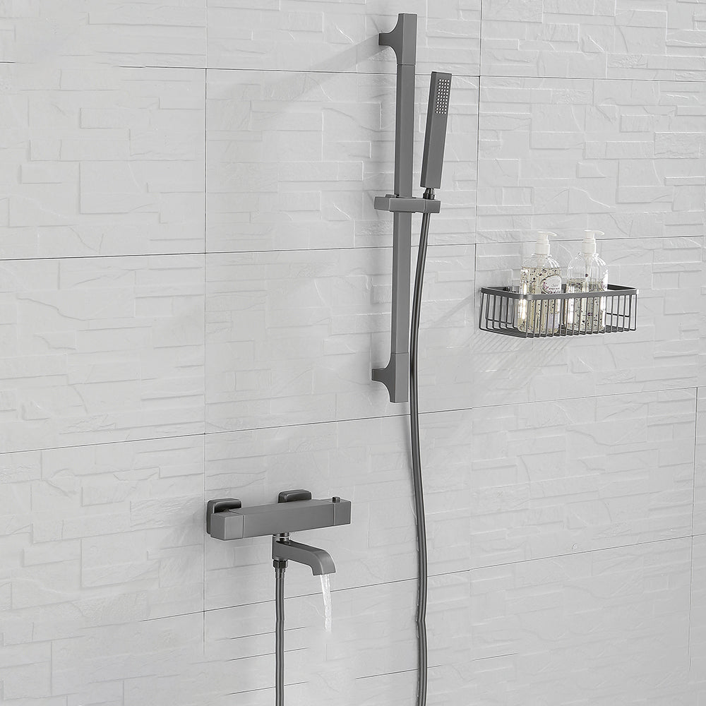 Black Tub Filler Wall-Mounted Brass Single Knob Handle Swivel Tub Filler with Handshower Straight Hand Shower Included Risers Included Clearhalo 'Bathroom Remodel & Bathroom Fixtures' 'Bathtub Faucets' 'bathtub_faucets' 'Home Improvement' 'home_improvement' 'home_improvement_bathtub_faucets' 6835824