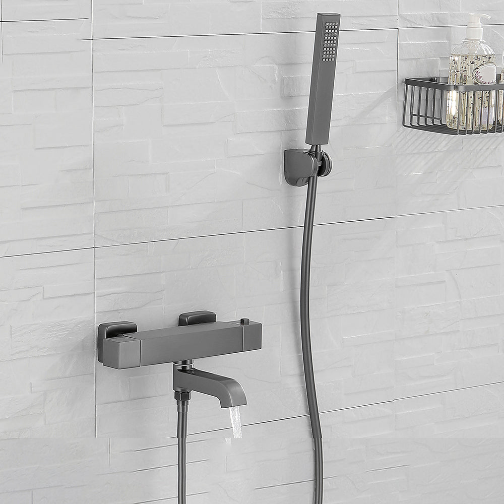 Black Tub Filler Wall-Mounted Brass Single Knob Handle Swivel Tub Filler with Handshower Straight Hand Shower Included Risers Not Included Clearhalo 'Bathroom Remodel & Bathroom Fixtures' 'Bathtub Faucets' 'bathtub_faucets' 'Home Improvement' 'home_improvement' 'home_improvement_bathtub_faucets' 6835825