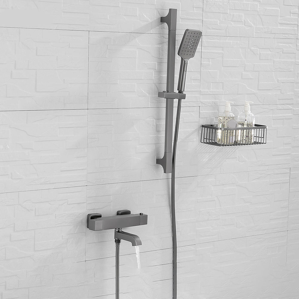 Black Tub Filler Wall-Mounted Brass Single Knob Handle Swivel Tub Filler with Handshower Square/ Rectangle Hand Shower Included Risers Included Clearhalo 'Bathroom Remodel & Bathroom Fixtures' 'Bathtub Faucets' 'bathtub_faucets' 'Home Improvement' 'home_improvement' 'home_improvement_bathtub_faucets' 6835827