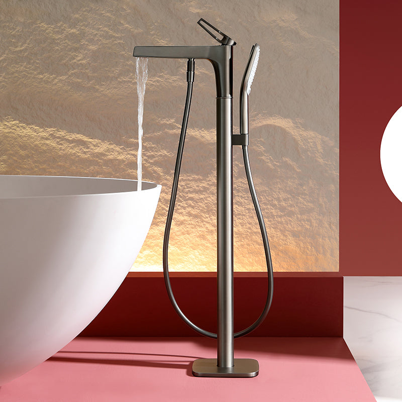 Bathroom Faucet Floor Standing Handheld Shower Head Rod Handle Faucet Grey Clearhalo 'Bathroom Remodel & Bathroom Fixtures' 'Bathtub Faucets' 'bathtub_faucets' 'Home Improvement' 'home_improvement' 'home_improvement_bathtub_faucets' 6835843