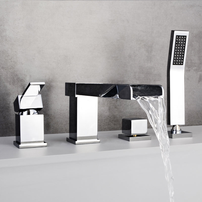 Modern Full Copper Deck Mounted Bath Faucet Trim Fixed Split Faucet Set Chrome 4 Hole Faucets Clearhalo 'Bathroom Remodel & Bathroom Fixtures' 'Bathtub Faucets' 'bathtub_faucets' 'Home Improvement' 'home_improvement' 'home_improvement_bathtub_faucets' 6835943