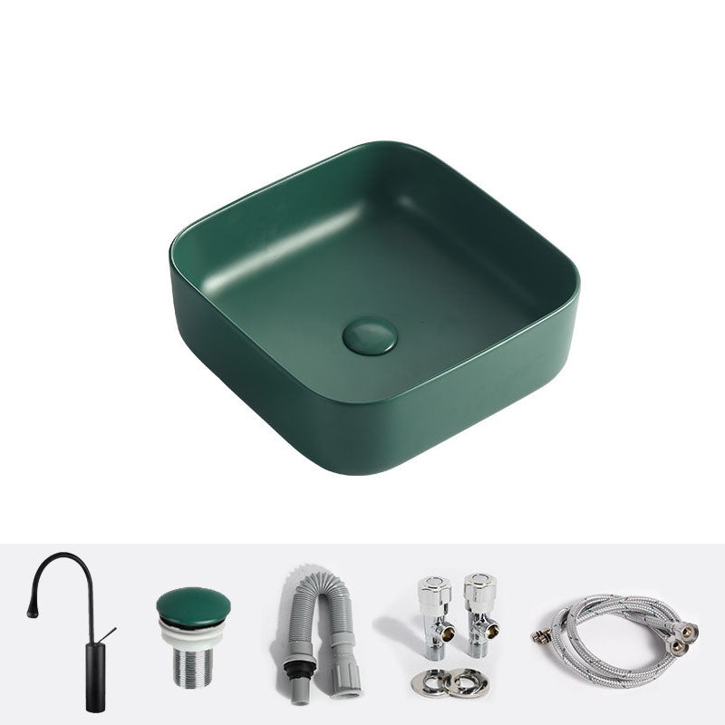 Modern Bathroom Sink Rectangular Vessel Lavatory Sink in Green 15.4"L x 15.4"W x 5.5"H Sink with Faucet Clearhalo 'Bathroom Remodel & Bathroom Fixtures' 'Bathroom Sinks & Faucet Components' 'Bathroom Sinks' 'bathroom_sink' 'Home Improvement' 'home_improvement' 'home_improvement_bathroom_sink' 6836121