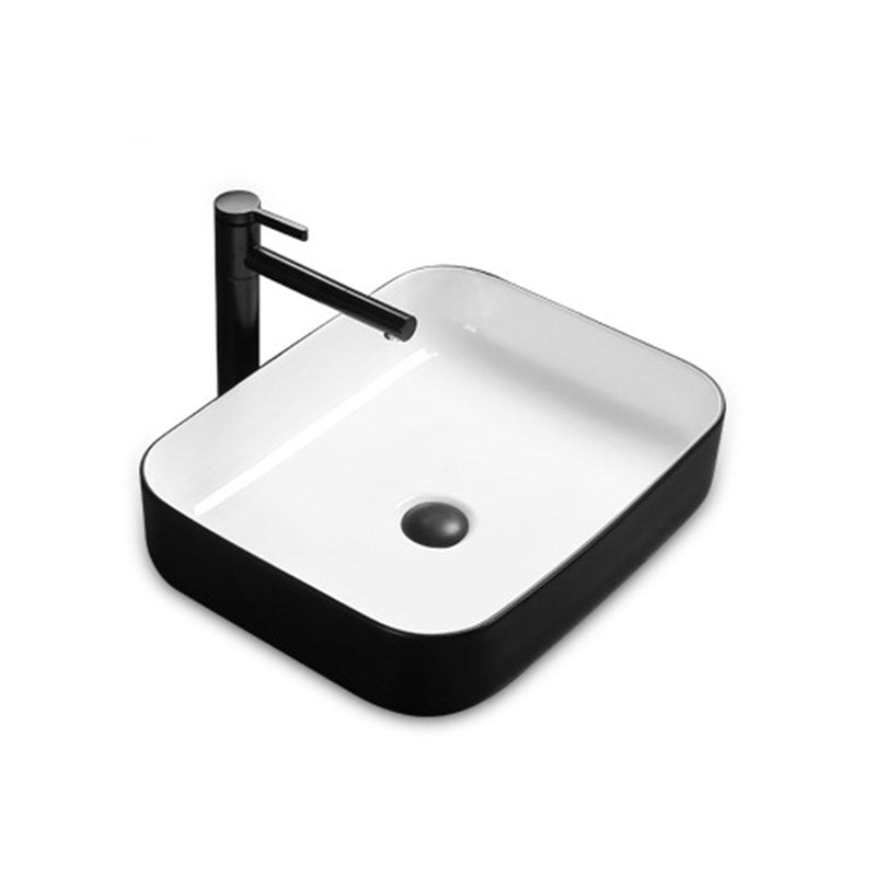 Modern Bathroom Sink Rectangular Porcelain Trough Sink with Pop-Up Drain 16.3"L x 16.3"W x 5.3"H Black White Sink with Faucet Clearhalo 'Bathroom Remodel & Bathroom Fixtures' 'Bathroom Sinks & Faucet Components' 'Bathroom Sinks' 'bathroom_sink' 'Home Improvement' 'home_improvement' 'home_improvement_bathroom_sink' 6836191