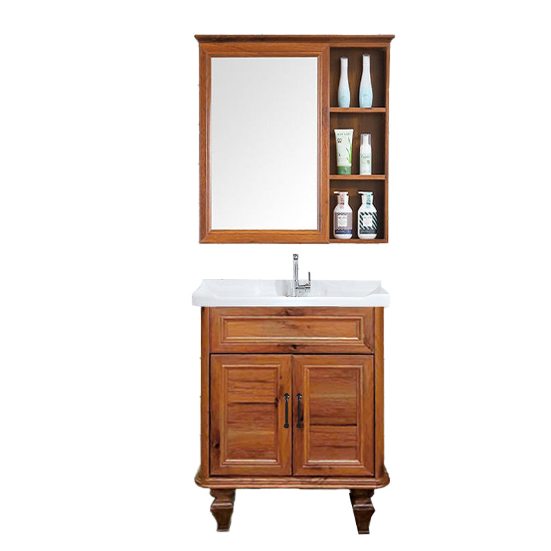 Traditional Bathroom Vanity Free-standing Standard Mirror Cabinet Wooden Vanity Cabinet Vanity & Faucet & Mirror Cabinet 28"L x 18.9"W x 32.7"H Brown Clearhalo 'Bathroom Remodel & Bathroom Fixtures' 'Bathroom Vanities' 'bathroom_vanities' 'Home Improvement' 'home_improvement' 'home_improvement_bathroom_vanities' 6836336