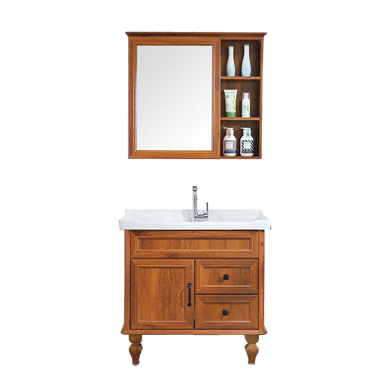 Traditional Bathroom Vanity Free-standing Standard Mirror Cabinet Wooden Vanity Cabinet Vanity & Faucet & Mirror Cabinet 31.9"L x 18.9"W x 32.7"H Brown Clearhalo 'Bathroom Remodel & Bathroom Fixtures' 'Bathroom Vanities' 'bathroom_vanities' 'Home Improvement' 'home_improvement' 'home_improvement_bathroom_vanities' 6836337