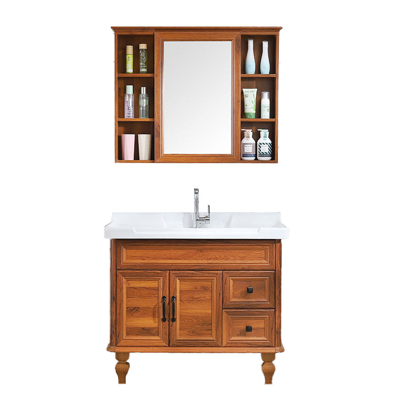Traditional Bathroom Vanity Free-standing Standard Mirror Cabinet Wooden Vanity Cabinet Vanity & Faucet & Mirror Cabinet Brown Clearhalo 'Bathroom Remodel & Bathroom Fixtures' 'Bathroom Vanities' 'bathroom_vanities' 'Home Improvement' 'home_improvement' 'home_improvement_bathroom_vanities' 6836340