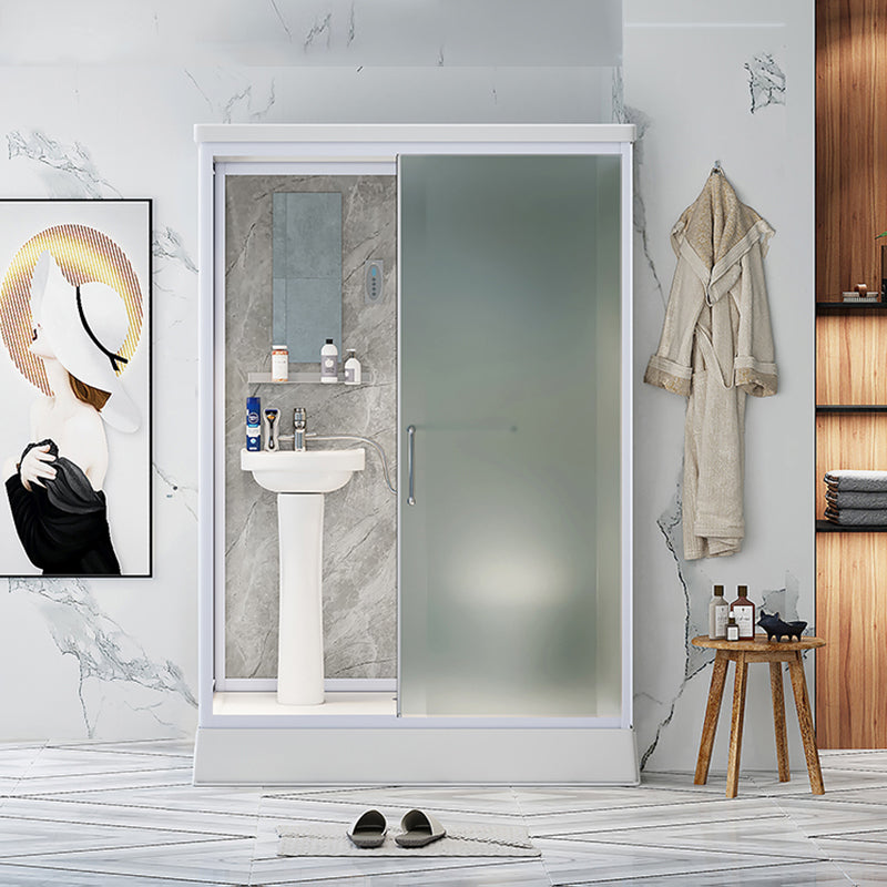 Contemporary Shower Stall Frosted Shower Stall with White Base 55"L x 43"W x 85"H Front Opening Clearhalo 'Bathroom Remodel & Bathroom Fixtures' 'Home Improvement' 'home_improvement' 'home_improvement_shower_stalls_enclosures' 'Shower Stalls & Enclosures' 'shower_stalls_enclosures' 'Showers & Bathtubs' 6836569