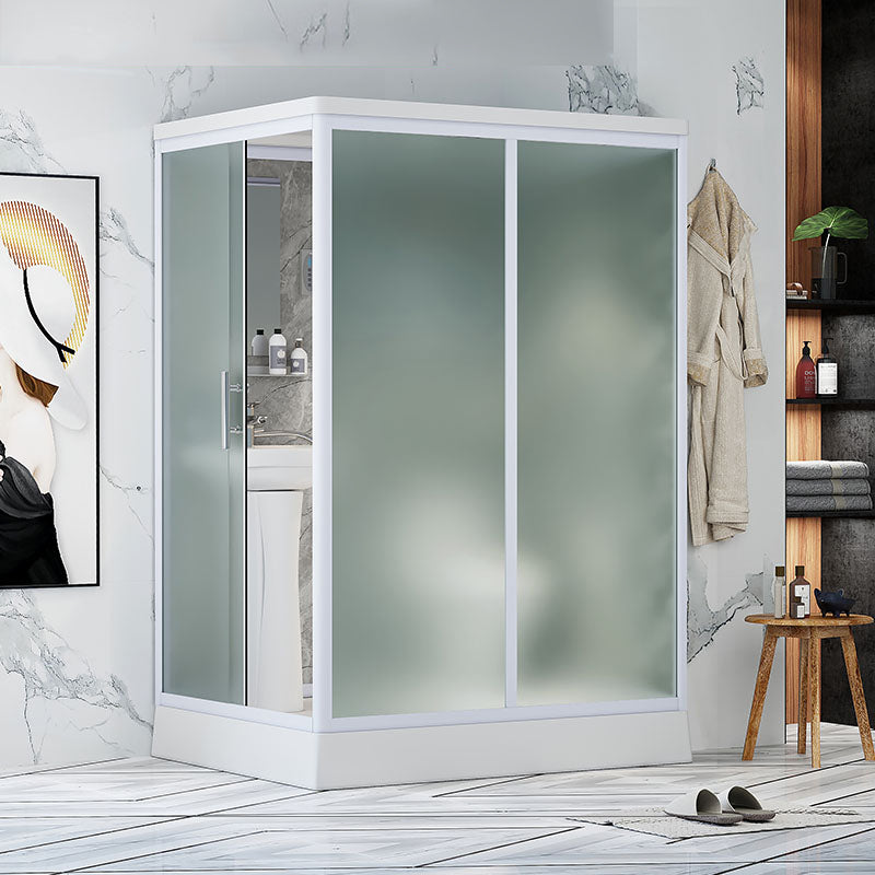 Contemporary Shower Stall Frosted Shower Stall with White Base 55"L x 43"W x 85"H Sided Opening Clearhalo 'Bathroom Remodel & Bathroom Fixtures' 'Home Improvement' 'home_improvement' 'home_improvement_shower_stalls_enclosures' 'Shower Stalls & Enclosures' 'shower_stalls_enclosures' 'Showers & Bathtubs' 6836571