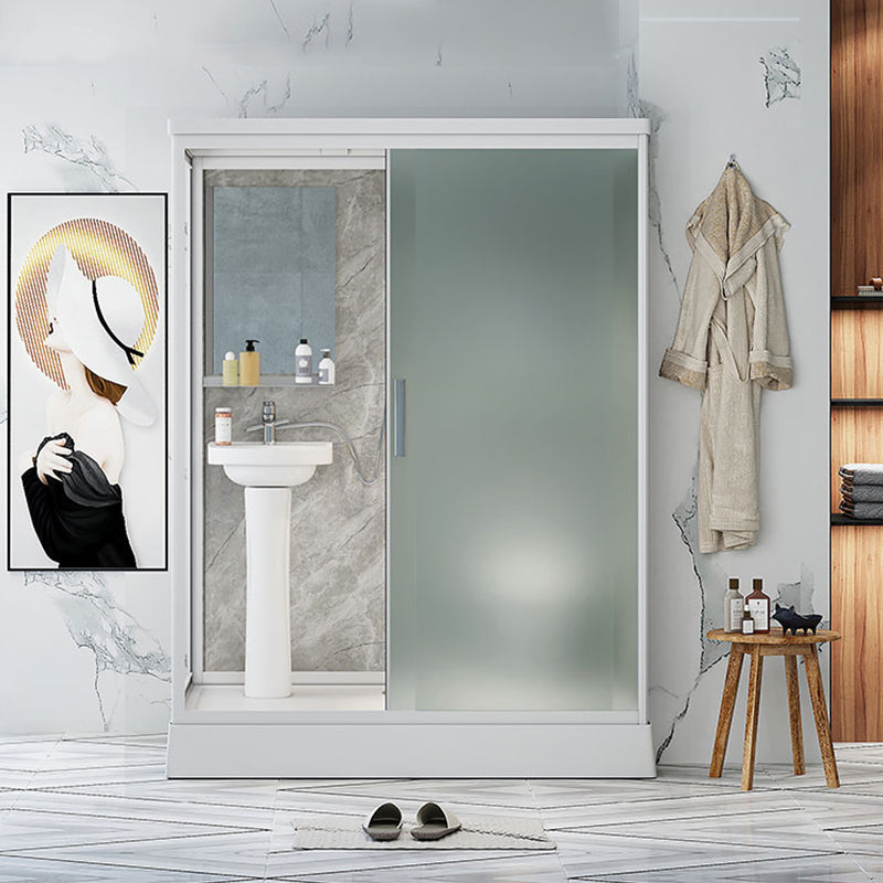 Contemporary Shower Stall Frosted Shower Stall with White Base 63"L x 47"W x 87"H Front Opening Clearhalo 'Bathroom Remodel & Bathroom Fixtures' 'Home Improvement' 'home_improvement' 'home_improvement_shower_stalls_enclosures' 'Shower Stalls & Enclosures' 'shower_stalls_enclosures' 'Showers & Bathtubs' 6836574
