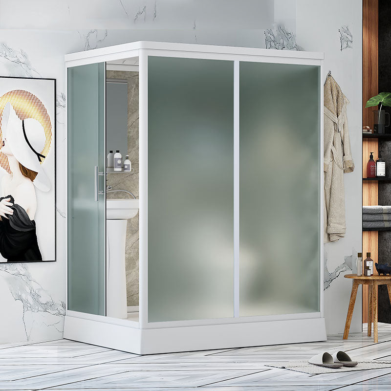Contemporary Shower Stall Frosted Shower Stall with White Base 59"L x 47"W x 87"H Sided Opening Clearhalo 'Bathroom Remodel & Bathroom Fixtures' 'Home Improvement' 'home_improvement' 'home_improvement_shower_stalls_enclosures' 'Shower Stalls & Enclosures' 'shower_stalls_enclosures' 'Showers & Bathtubs' 6836579