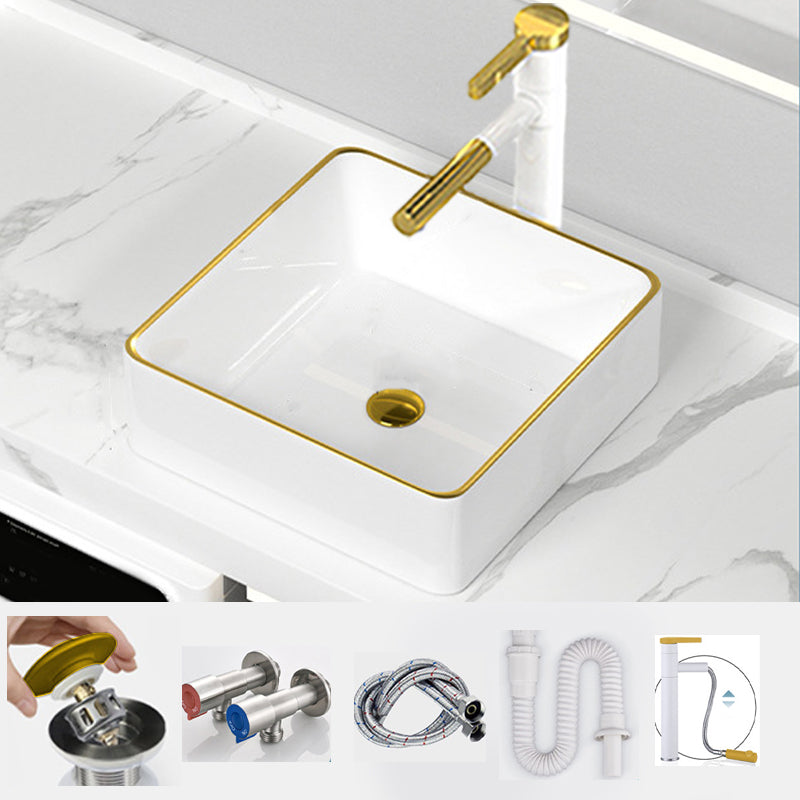 Traditional Vessel Sink Rectangular Porcelain with Overflow And Drain Assembly Wash Stand 16"L x 16"W x 5"H Sink with Faucet Clearhalo 'Bathroom Remodel & Bathroom Fixtures' 'Bathroom Sinks & Faucet Components' 'Bathroom Sinks' 'bathroom_sink' 'Home Improvement' 'home_improvement' 'home_improvement_bathroom_sink' 6842092