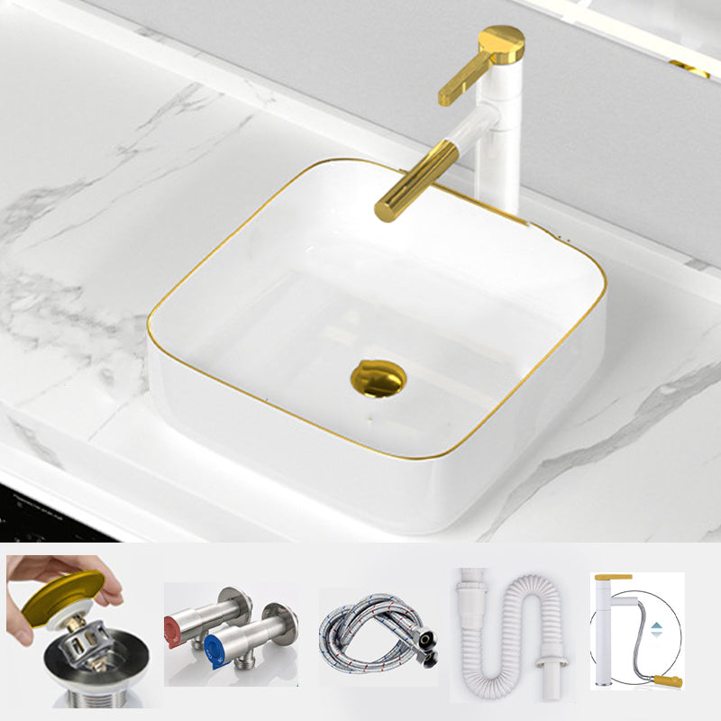 Traditional Vessel Sink Rectangular Porcelain with Overflow And Drain Assembly Wash Stand 15"L x 15"W x 5"H Sink with Faucet Clearhalo 'Bathroom Remodel & Bathroom Fixtures' 'Bathroom Sinks & Faucet Components' 'Bathroom Sinks' 'bathroom_sink' 'Home Improvement' 'home_improvement' 'home_improvement_bathroom_sink' 6842107