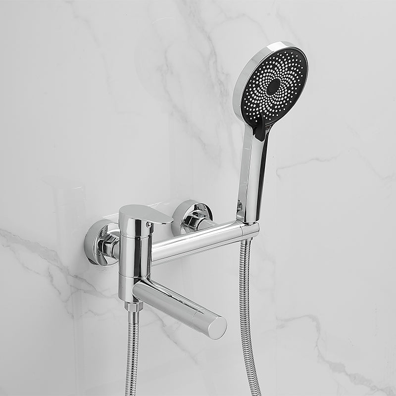 Wall Mounted Metal Tub Filler Low Arc Single Handle Tub Faucet Trim Silver Round Clearhalo 'Bathroom Remodel & Bathroom Fixtures' 'Bathtub Faucets' 'bathtub_faucets' 'Home Improvement' 'home_improvement' 'home_improvement_bathtub_faucets' 6842186