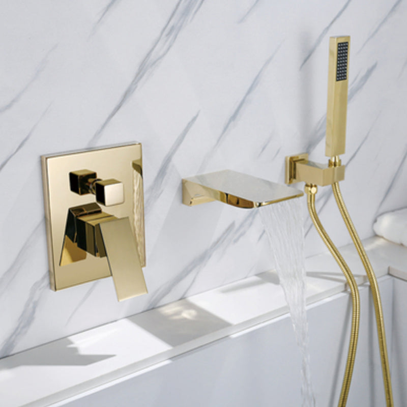 Modern Wall Mounted Metal Tub Filler Low Arc Bathroom Faucet Gold Waterfall Faucet Included Clearhalo 'Bathroom Remodel & Bathroom Fixtures' 'Bathtub Faucets' 'bathtub_faucets' 'Home Improvement' 'home_improvement' 'home_improvement_bathtub_faucets' 6842231