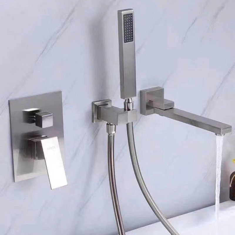 Modern Wall Mounted Metal Tub Filler Low Arc Bathroom Faucet Clearhalo 'Bathroom Remodel & Bathroom Fixtures' 'Bathtub Faucets' 'bathtub_faucets' 'Home Improvement' 'home_improvement' 'home_improvement_bathtub_faucets' 6842232
