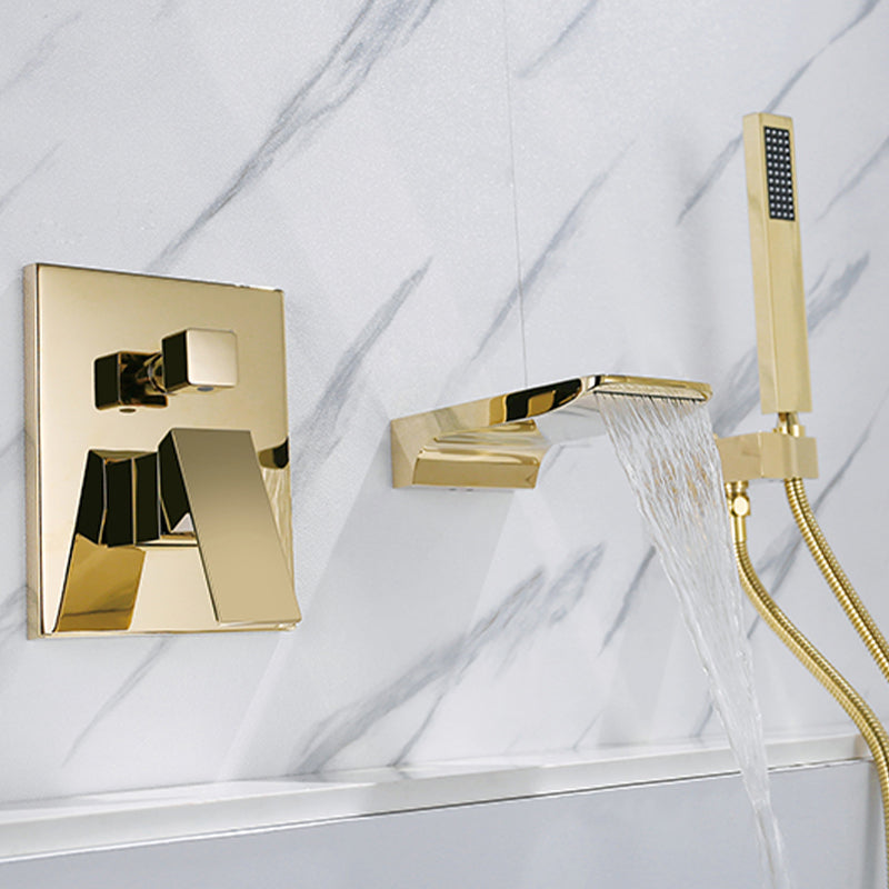Modern Wall Mounted Metal Tub Filler Low Arc Bathroom Faucet Clearhalo 'Bathroom Remodel & Bathroom Fixtures' 'Bathtub Faucets' 'bathtub_faucets' 'Home Improvement' 'home_improvement' 'home_improvement_bathtub_faucets' 6842238
