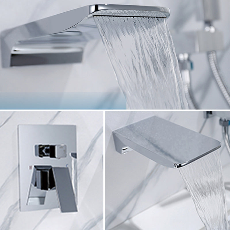 Modern Wall Mounted Metal Tub Filler Low Arc Bathroom Faucet Clearhalo 'Bathroom Remodel & Bathroom Fixtures' 'Bathtub Faucets' 'bathtub_faucets' 'Home Improvement' 'home_improvement' 'home_improvement_bathtub_faucets' 6842244