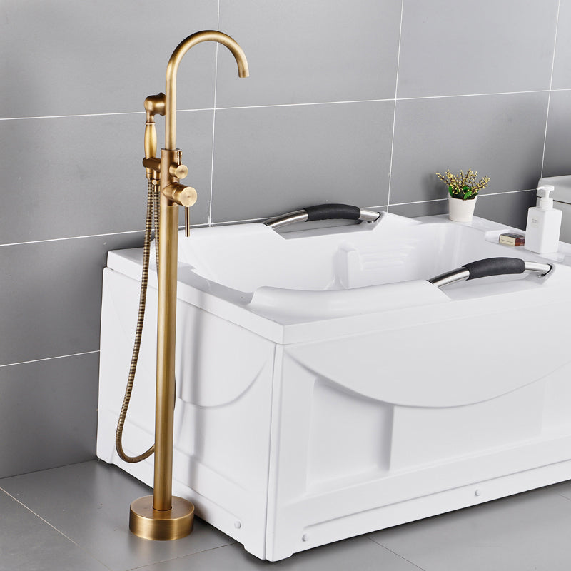 Floor Mounted Copper Bathroom Tub Faucet Set Freestanding High Arc Tub Filler Trim Bronze Hand Shower Included Ground Clearhalo 'Bathroom Remodel & Bathroom Fixtures' 'Bathtub Faucets' 'bathtub_faucets' 'Home Improvement' 'home_improvement' 'home_improvement_bathtub_faucets' 6842281