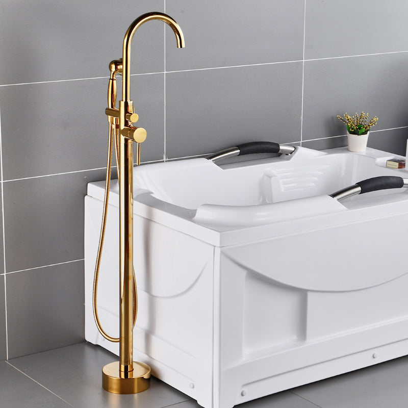 Floor Mounted Copper Bathroom Tub Faucet Set Freestanding High Arc Tub Filler Trim Gold Hand Shower Included Wall Clearhalo 'Bathroom Remodel & Bathroom Fixtures' 'Bathtub Faucets' 'bathtub_faucets' 'Home Improvement' 'home_improvement' 'home_improvement_bathtub_faucets' 6842291