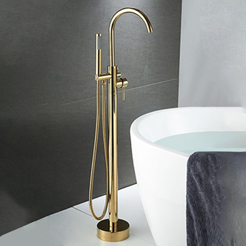 Floor Mounted Copper Bathroom Tub Faucet Set Freestanding High Arc Tub Filler Trim Gold Hand Shower Included Ground Clearhalo 'Bathroom Remodel & Bathroom Fixtures' 'Bathtub Faucets' 'bathtub_faucets' 'Home Improvement' 'home_improvement' 'home_improvement_bathtub_faucets' 6842293