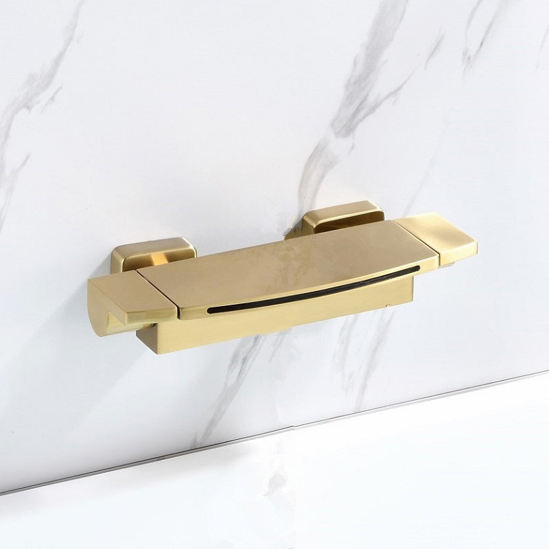 Wall Mounted Metal Freestanding Tub Filler Two Handles Freestanding Faucet Gold Hand Shower Not Included Clearhalo 'Bathroom Remodel & Bathroom Fixtures' 'Bathtub Faucets' 'bathtub_faucets' 'Home Improvement' 'home_improvement' 'home_improvement_bathtub_faucets' 6842306