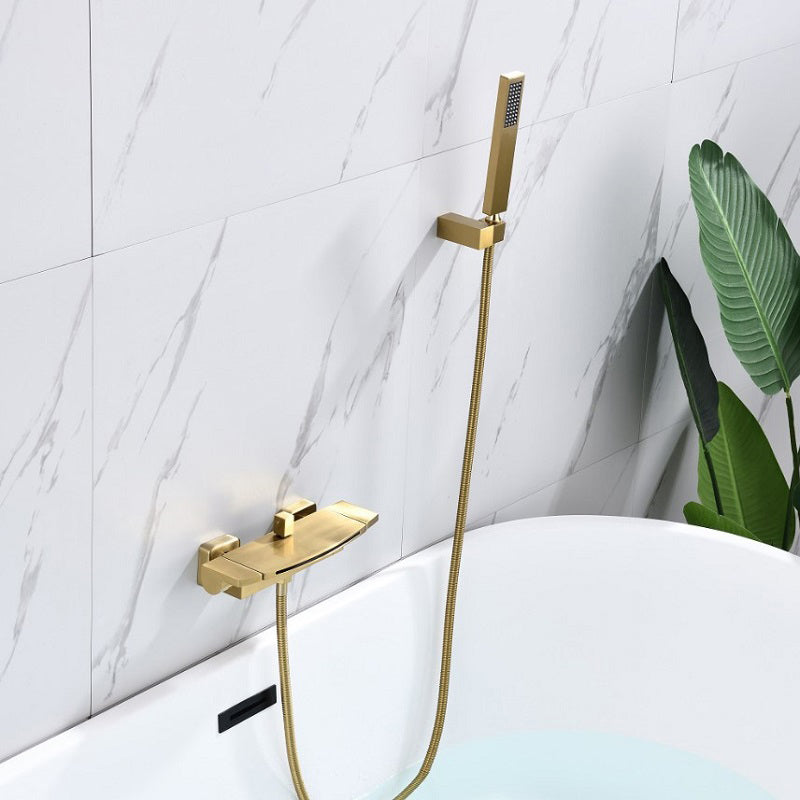 Wall Mounted Metal Freestanding Tub Filler Two Handles Freestanding Faucet Gold Hand Shower Included Clearhalo 'Bathroom Remodel & Bathroom Fixtures' 'Bathtub Faucets' 'bathtub_faucets' 'Home Improvement' 'home_improvement' 'home_improvement_bathtub_faucets' 6842318