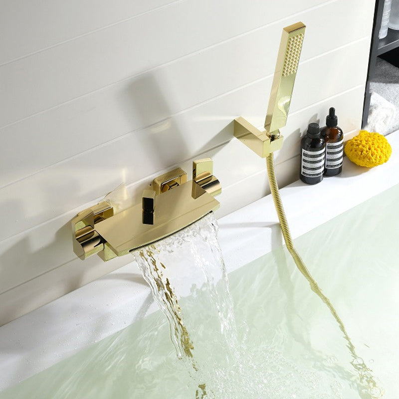 Wall Mounted Metal Freestanding Tub Filler Two Handles Freestanding Faucet Dark Gold Hand Shower Included Clearhalo 'Bathroom Remodel & Bathroom Fixtures' 'Bathtub Faucets' 'bathtub_faucets' 'Home Improvement' 'home_improvement' 'home_improvement_bathtub_faucets' 6842320