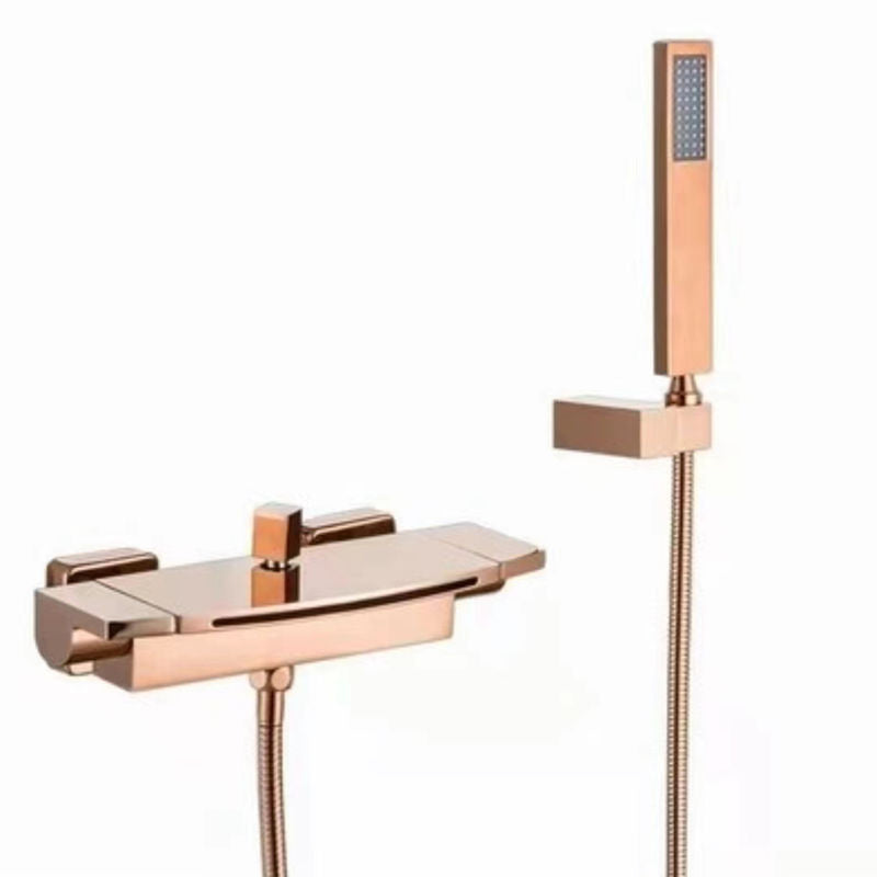 Wall Mounted Metal Freestanding Tub Filler Two Handles Freestanding Faucet Rose Gold Hand Shower Included Clearhalo 'Bathroom Remodel & Bathroom Fixtures' 'Bathtub Faucets' 'bathtub_faucets' 'Home Improvement' 'home_improvement' 'home_improvement_bathtub_faucets' 6842328
