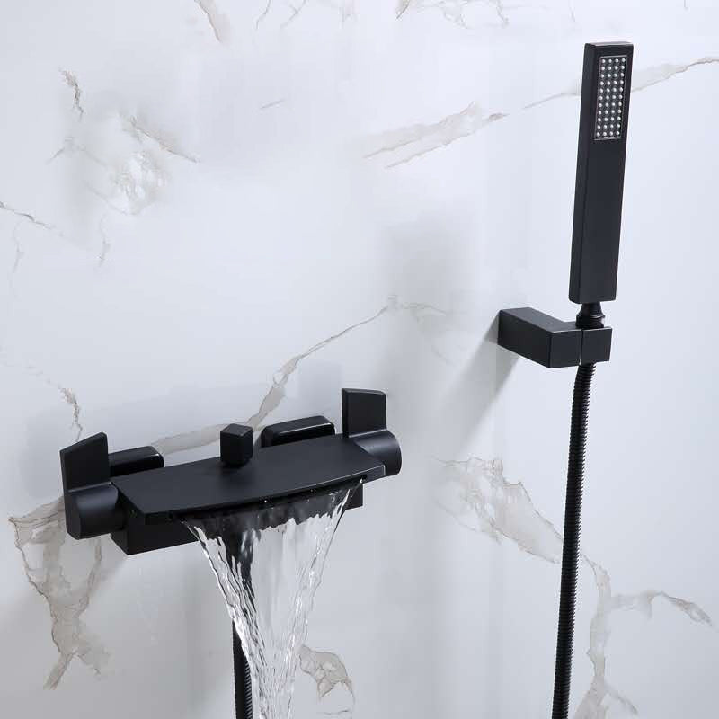 Wall Mounted Metal Freestanding Tub Filler Two Handles Freestanding Faucet Black Hand Shower Included Clearhalo 'Bathroom Remodel & Bathroom Fixtures' 'Bathtub Faucets' 'bathtub_faucets' 'Home Improvement' 'home_improvement' 'home_improvement_bathtub_faucets' 6842330