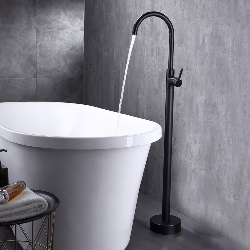 Modern Floor Mounted Metal Freestanding Tub Filler Freestanding High Arc Tub Faucet Set Black Round Ground Clearhalo 'Bathroom Remodel & Bathroom Fixtures' 'Bathtub Faucets' 'bathtub_faucets' 'Home Improvement' 'home_improvement' 'home_improvement_bathtub_faucets' 6842357