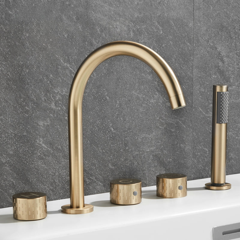 Deck Mounted Copper Roman Tub Faucet Low Arc 3 Handles Roman Tub Faucet Set Gold Curved Knob Handles Clearhalo 'Bathroom Remodel & Bathroom Fixtures' 'Bathtub Faucets' 'bathtub_faucets' 'Home Improvement' 'home_improvement' 'home_improvement_bathtub_faucets' 6842406