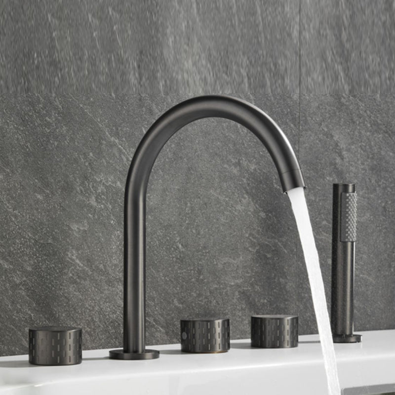 Deck Mounted Copper Roman Tub Faucet Low Arc 3 Handles Roman Tub Faucet Set Clearhalo 'Bathroom Remodel & Bathroom Fixtures' 'Bathtub Faucets' 'bathtub_faucets' 'Home Improvement' 'home_improvement' 'home_improvement_bathtub_faucets' 6842427