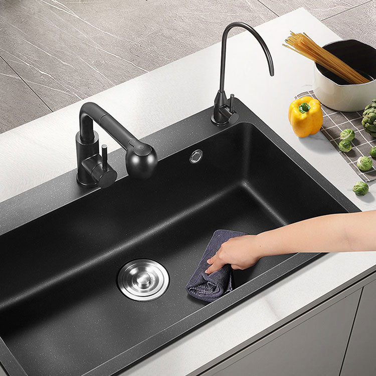 Black Quartz Sink Overflow Hole Detail Overflow Hole Kitchen Sink with Faucet Clearhalo 'Home Improvement' 'home_improvement' 'home_improvement_kitchen_sinks' 'Kitchen Remodel & Kitchen Fixtures' 'Kitchen Sinks & Faucet Components' 'Kitchen Sinks' 'kitchen_sinks' 6842975