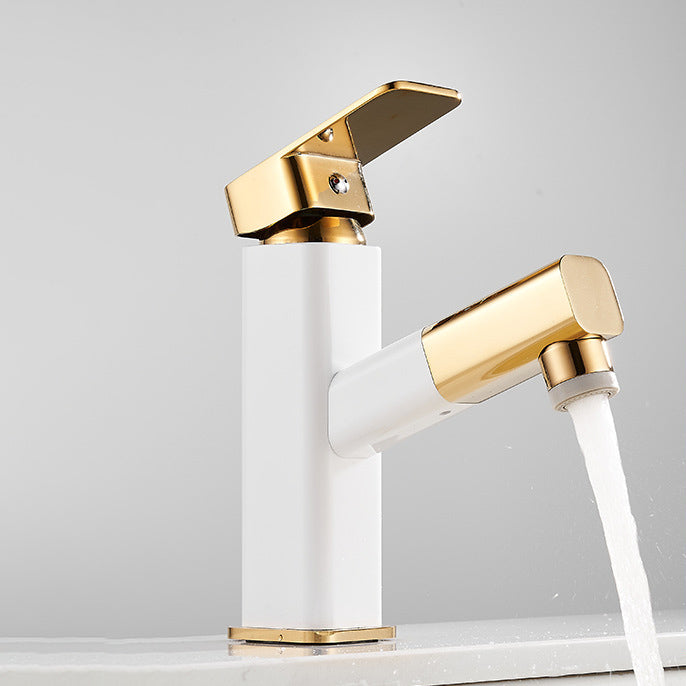 Luxury Pull-out Sink Faucet Cubic Low Arc Vessel Bathroom Faucet White-Gold Clearhalo 'Bathroom Remodel & Bathroom Fixtures' 'Bathroom Sink Faucets' 'Bathroom Sinks & Faucet Components' 'bathroom_sink_faucets' 'Home Improvement' 'home_improvement' 'home_improvement_bathroom_sink_faucets' 6848786